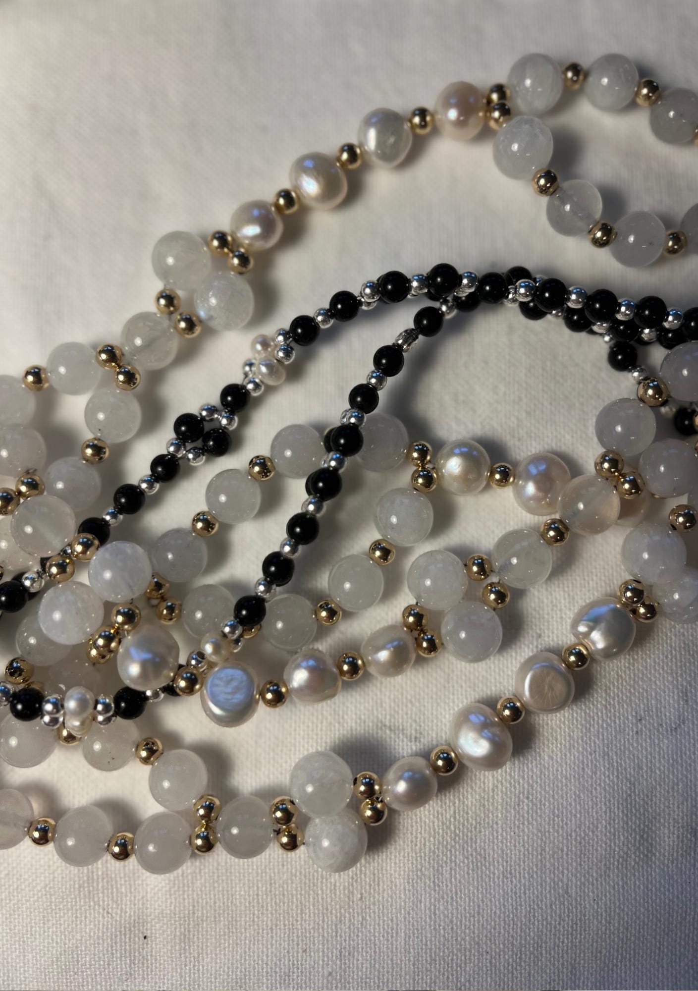 Tantric necklace with black tourmaline, obsidian and pearl
