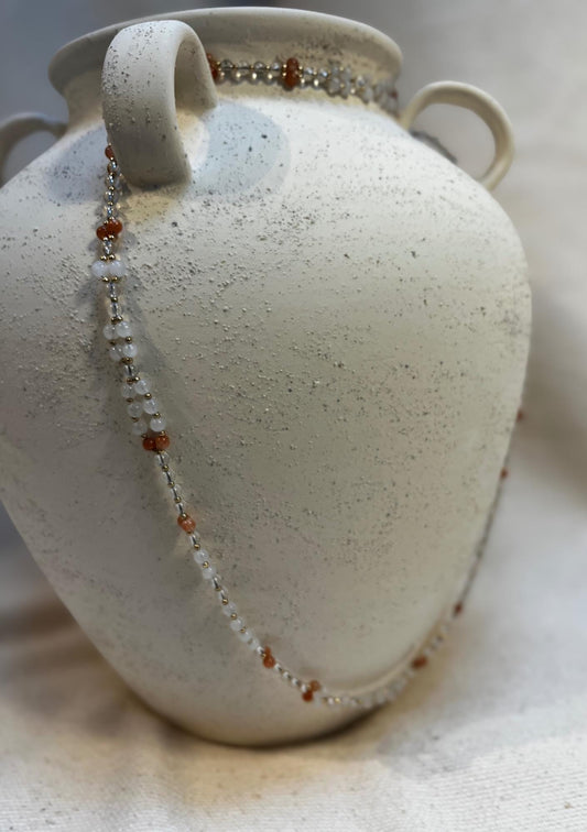 Handmade sunstone, white jade and clear quartz tantric necklace inspired by kundalini traditions