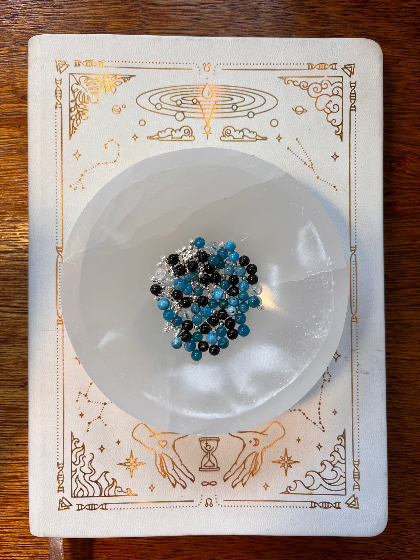 Tantric necklace with blue apatite, aquamarine and obsidian