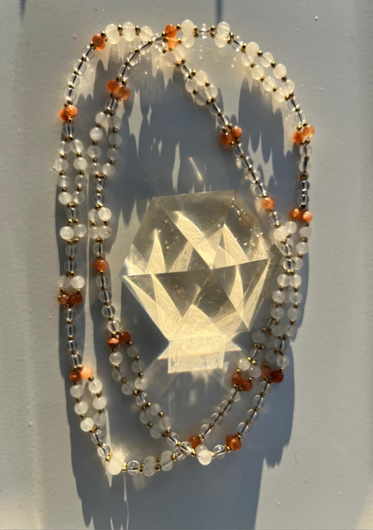 Tantric necklace with sunstone, clear quartz and white jade