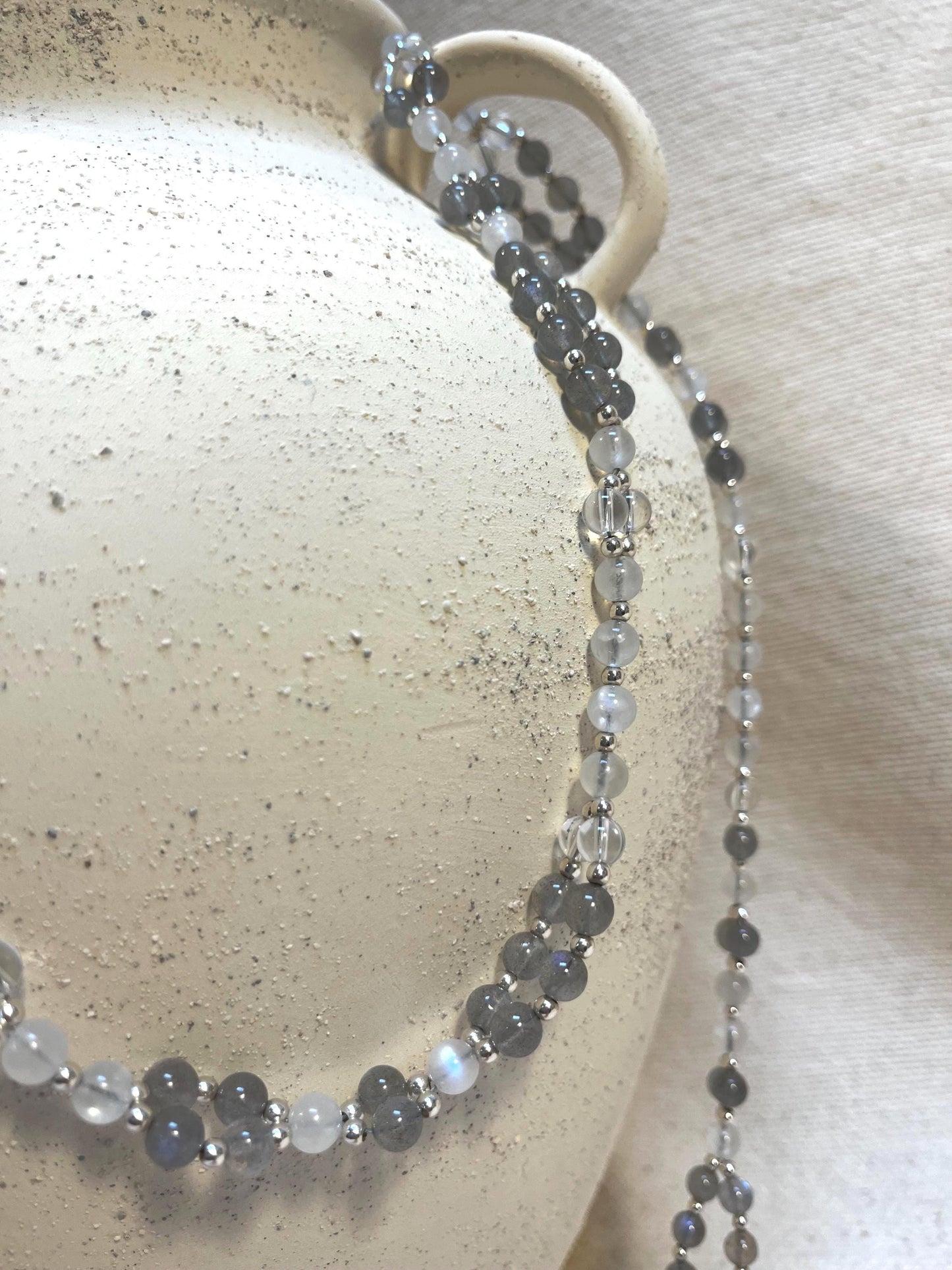 Tantric necklace with labradorite, rainbow moonstone and clear quartz