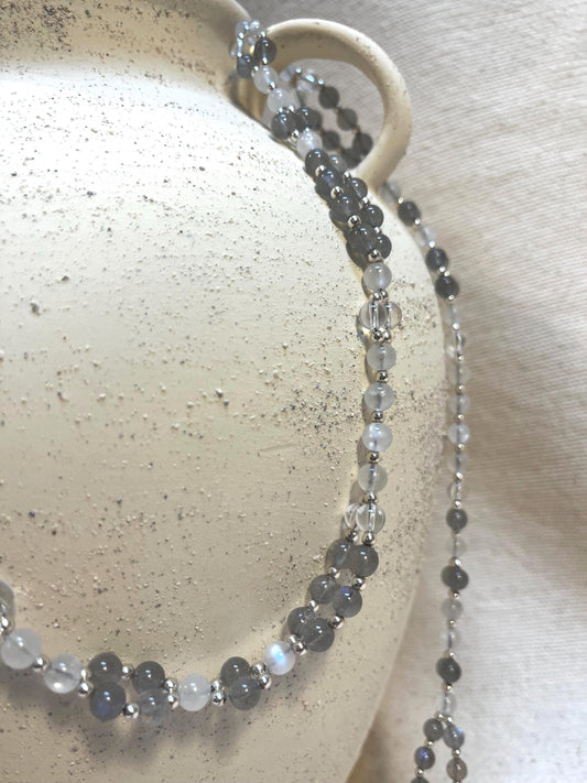 Tantric necklace with labradorite, rainbow moonstone and clear quartz