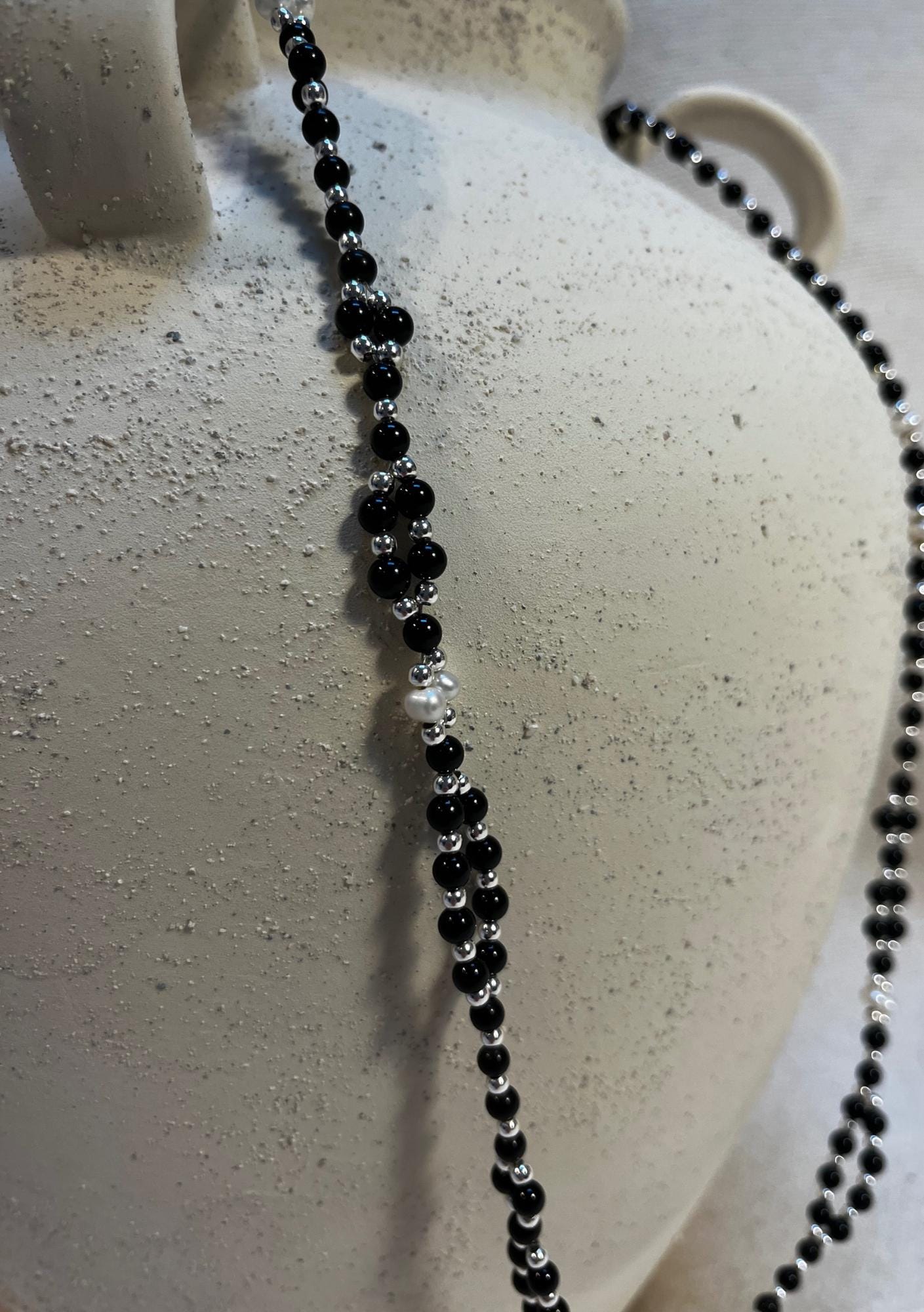 Handmade obsidian, tourmaline and pearl tantric necklace inspired by kundalini traditions