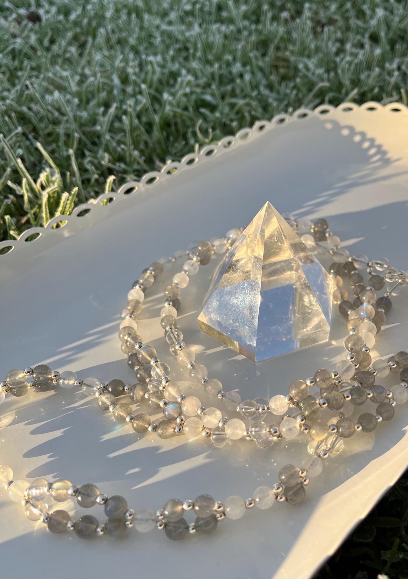 Tantric necklace with labradorite, rainbow moonstone and clear quartz