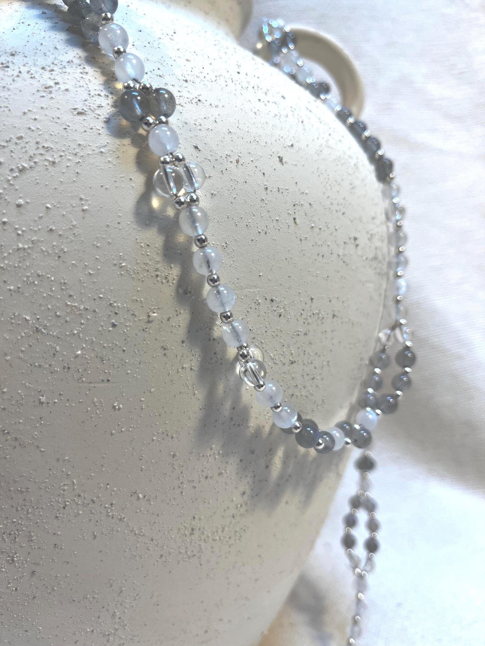 Handmade labradorite, moonstone and clear quartz tantric necklace inspired by kundalini traditions