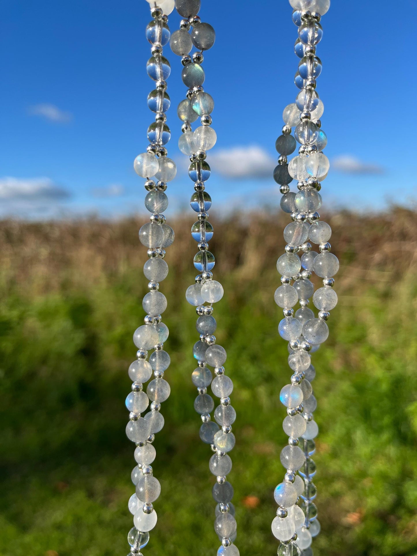 Tantric necklace with labradorite, rainbow moonstone and clear quartz