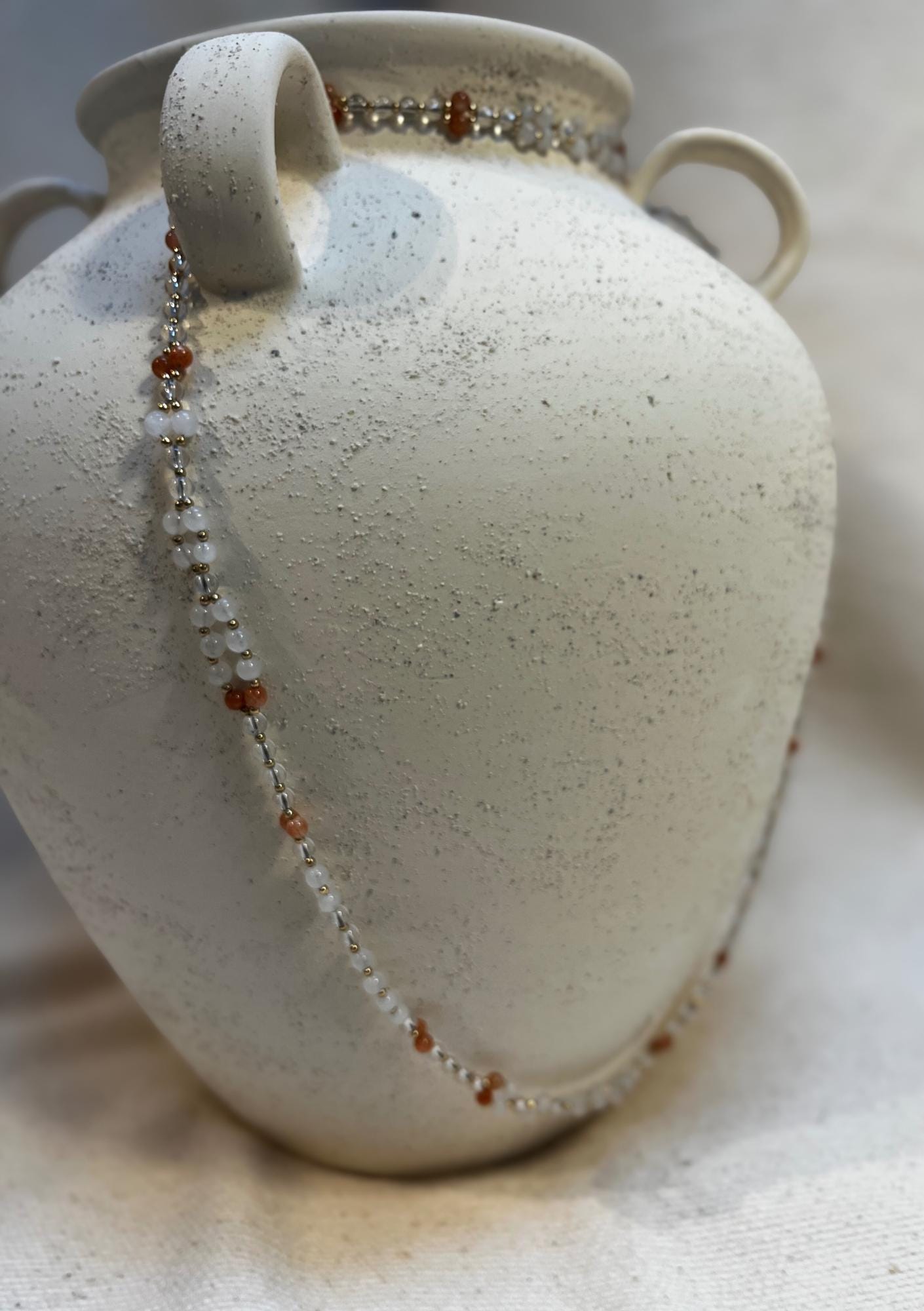 Handmade sunstone, white jade and clear quartz tantric necklace inspired by kundalini traditions