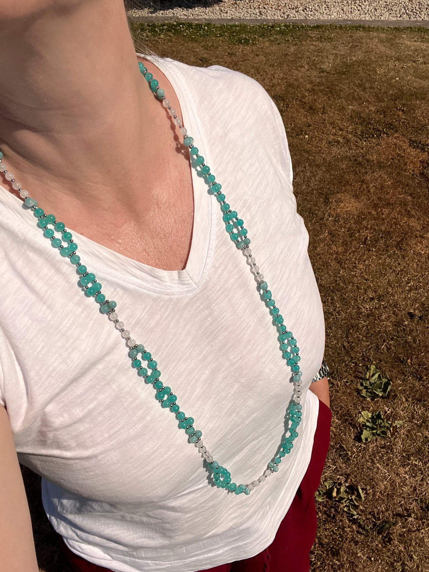 Tantric necklace with peruvian amazonite and rainbow moonstone