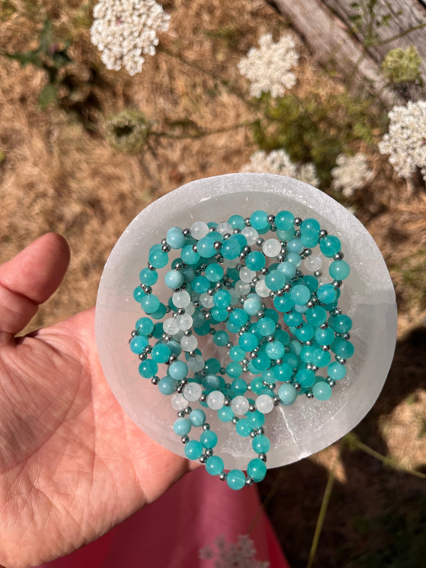 Tantric necklace with peruvian amazonite and rainbow moonstone