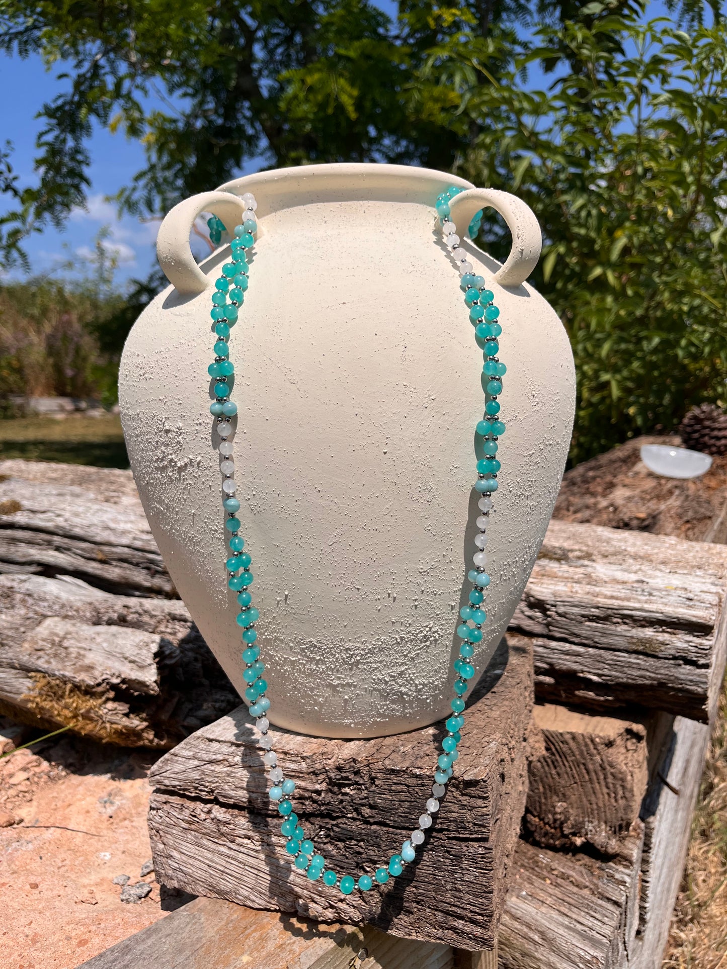 Tantric necklace with peruvian amazonite and rainbow moonstone