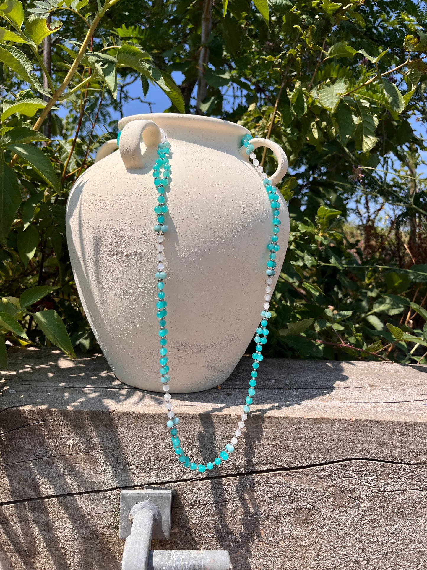 Tantric necklace with peruvian amazonite and rainbow moonstone