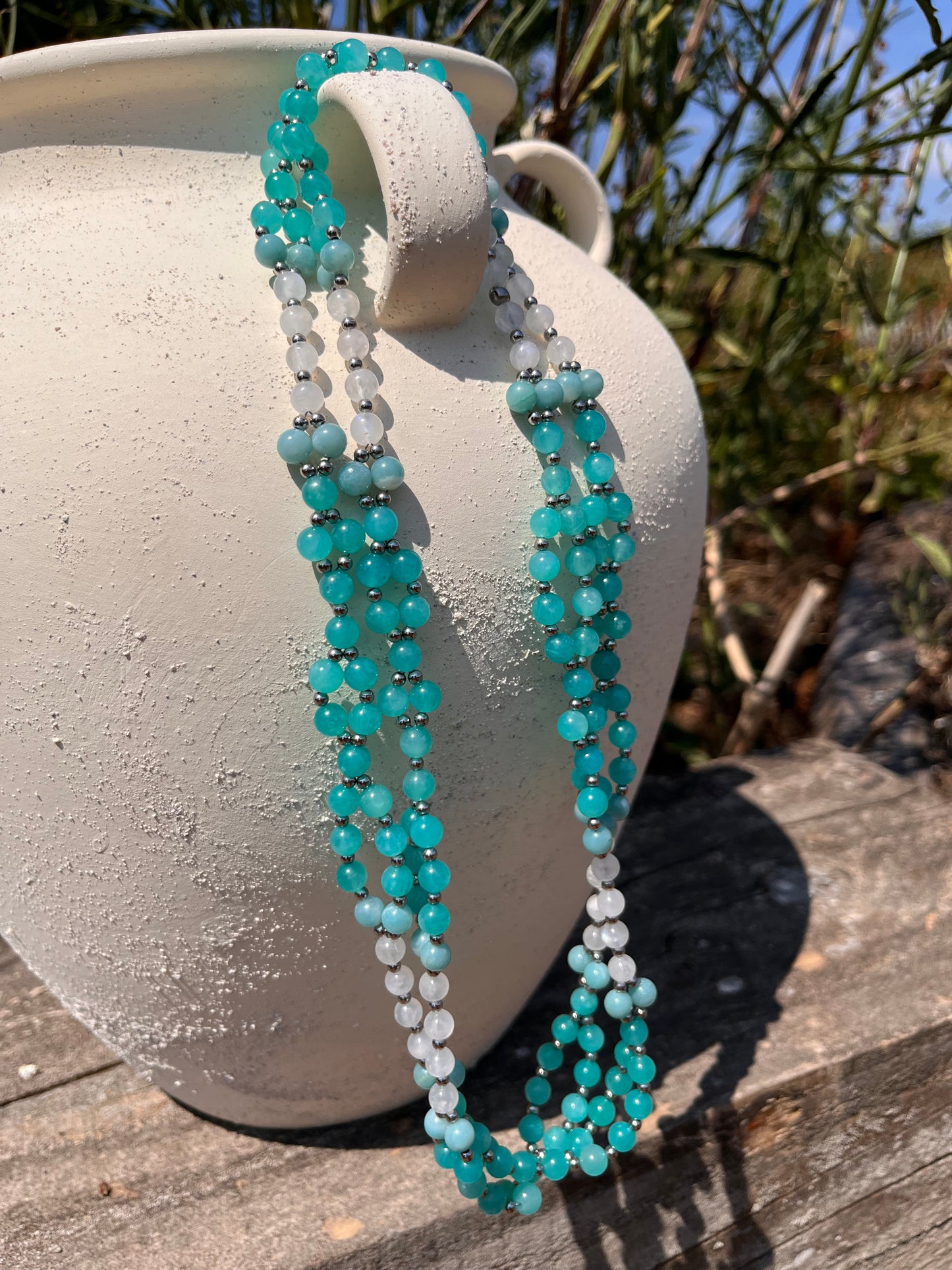 Tantric necklace with peruvian amazonite and rainbow moonstone
