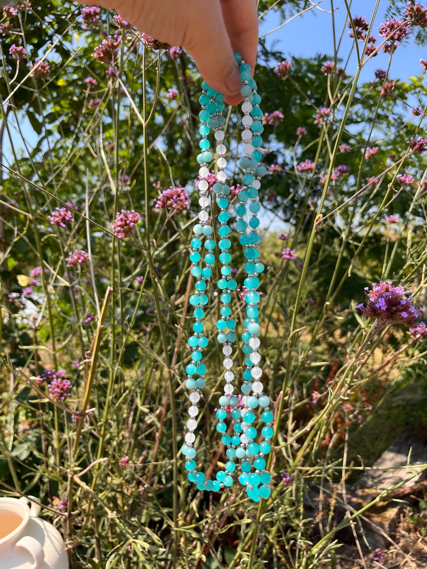 Tantric necklace with peruvian amazonite and rainbow moonstone