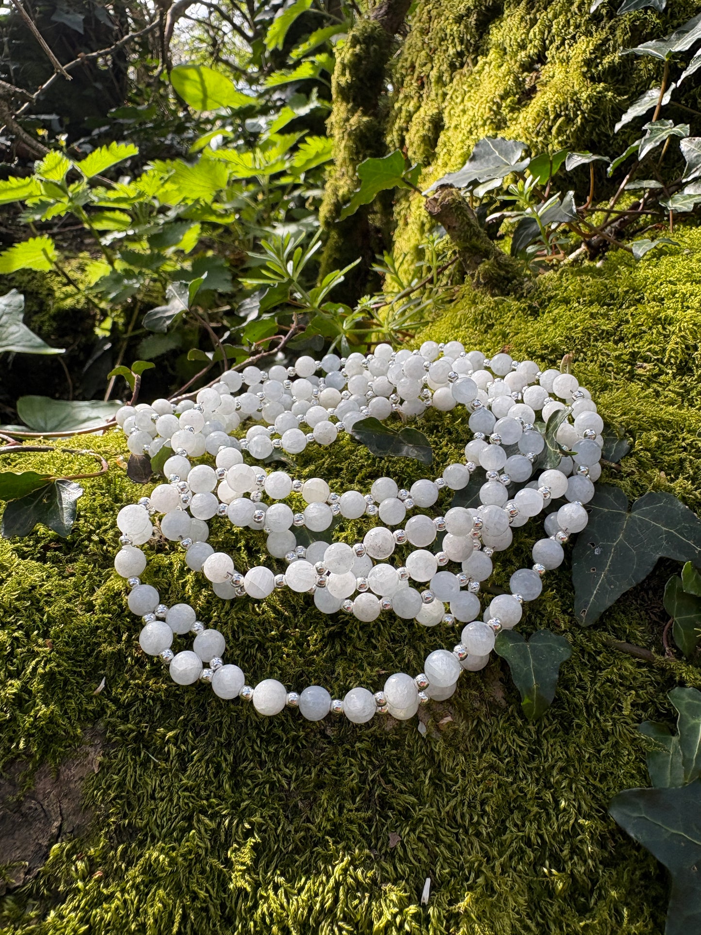 Handmade celestite and silver tantric necklace inspired by kundalini traditions