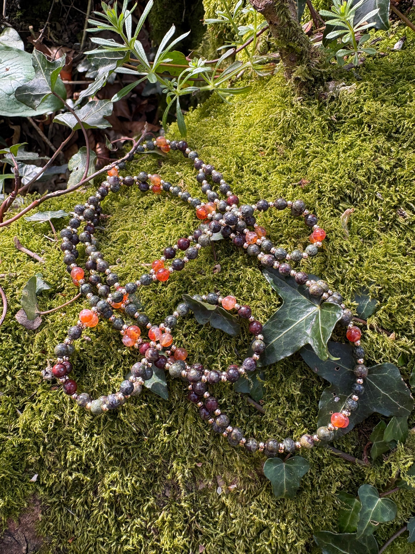 Handmade fire agate, serpentine and dragon's blood tantric necklace inspired by kundalini traditions