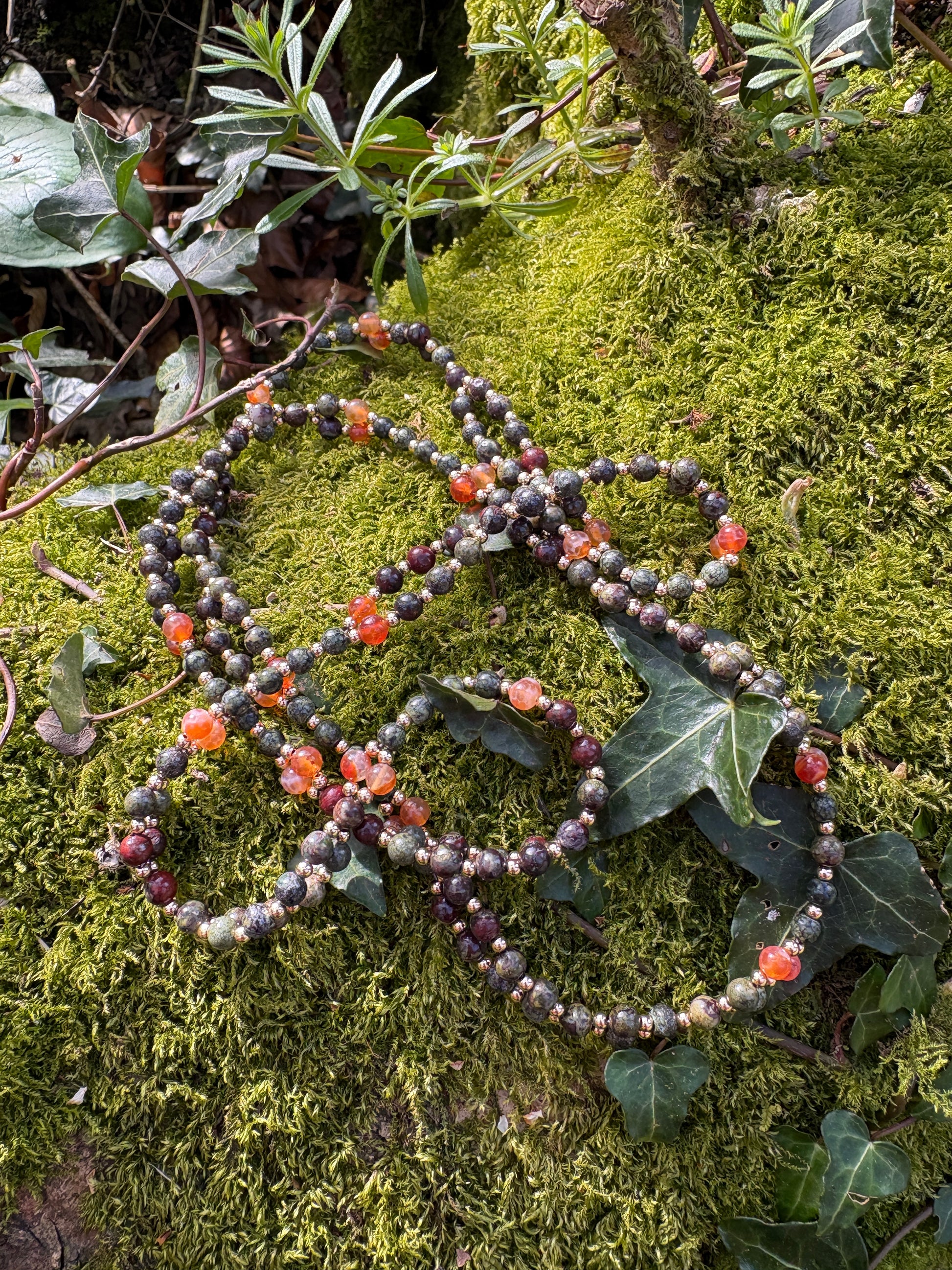 Handmade fire agate, serpentine and dragon's blood tantric necklace inspired by kundalini traditions