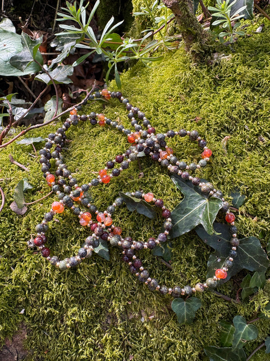 Handmade fire agate, serpentine and dragon's blood tantric necklace inspired by kundalini traditions