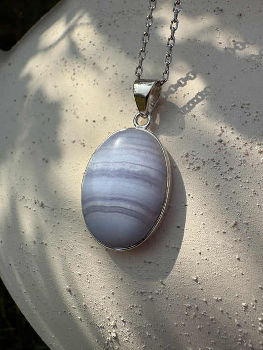 Blue lace agate silver pendant