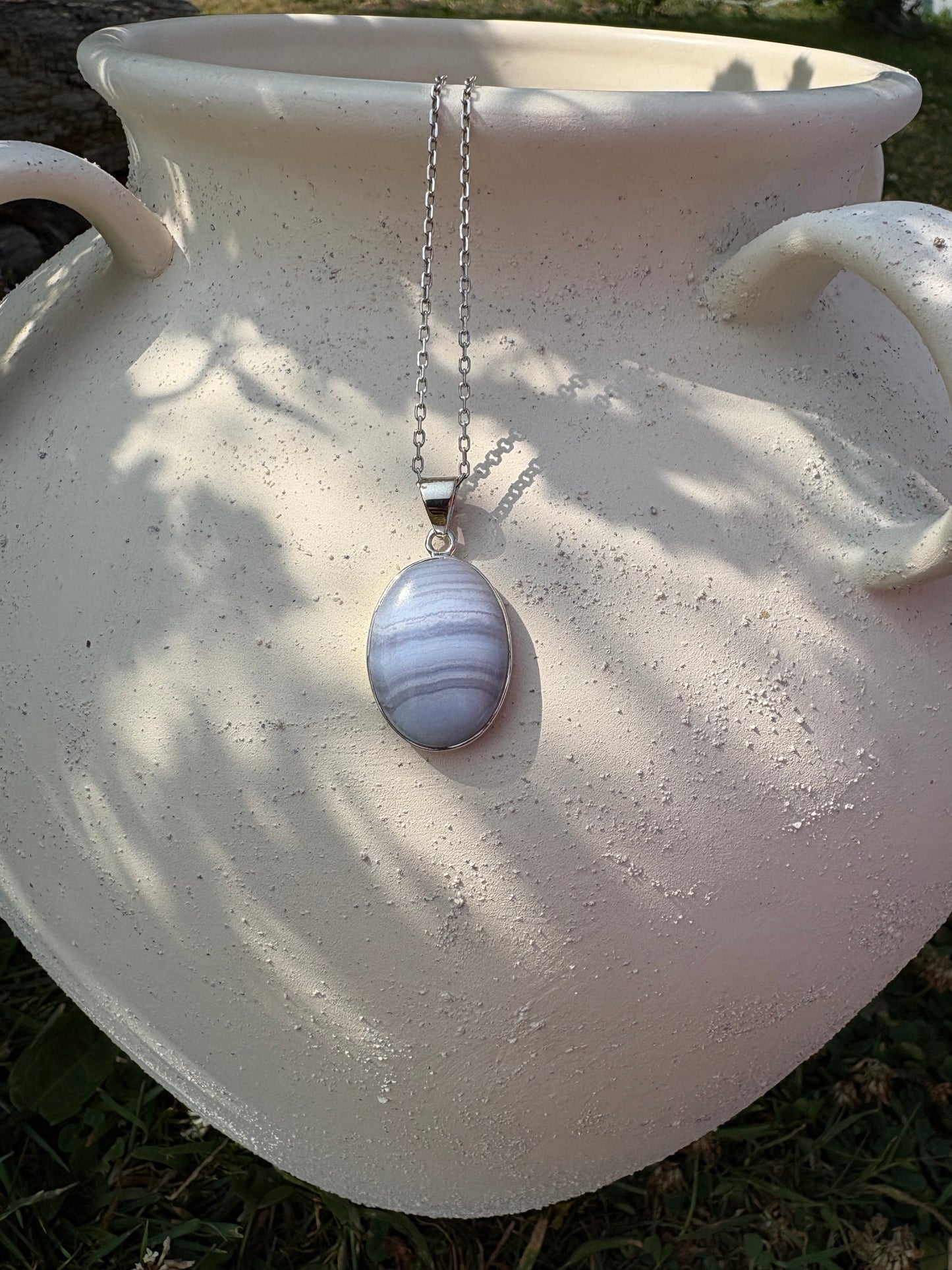 Blue lace agate silver pendant
