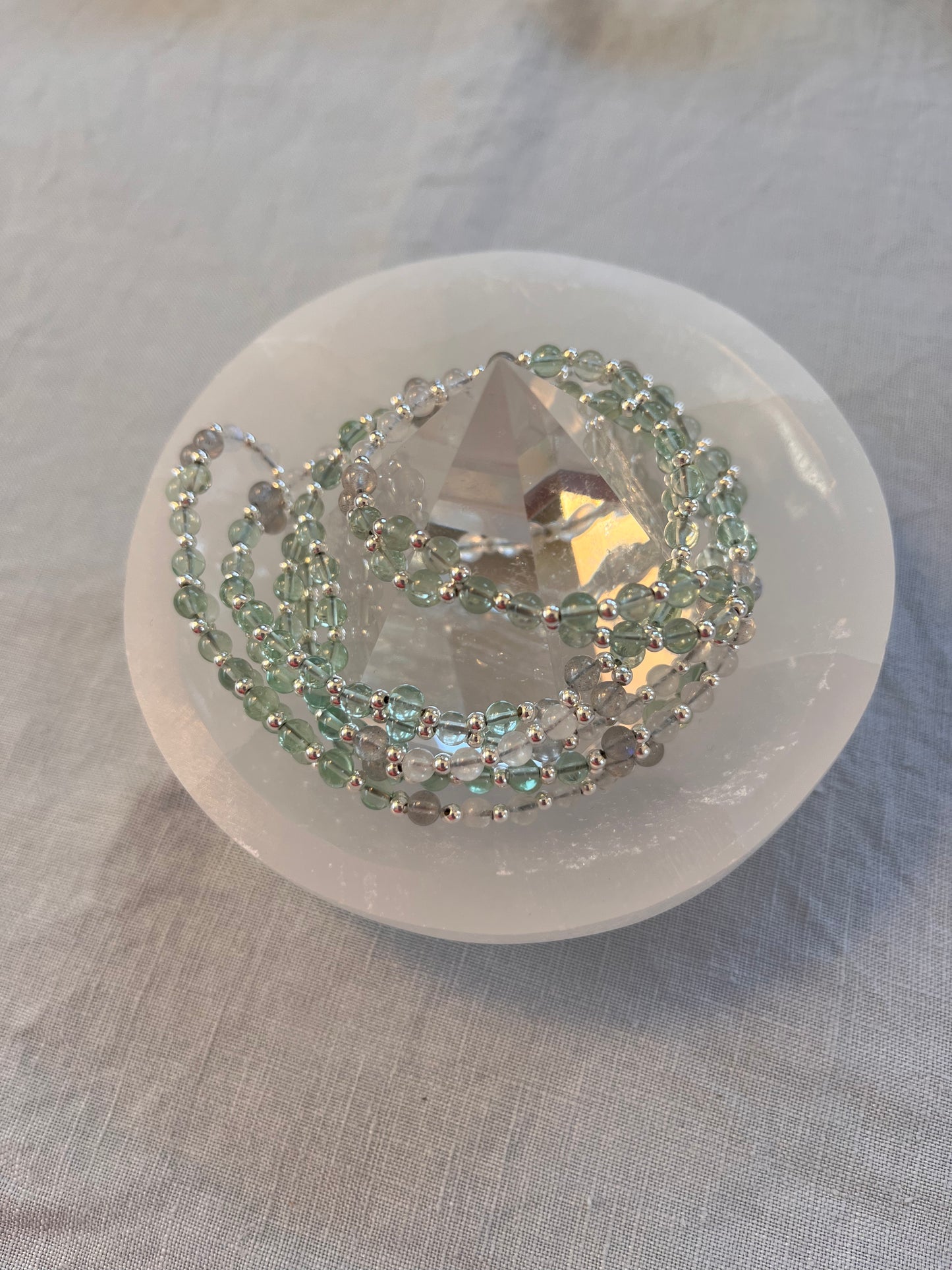 Handmade fluorite, labradorite and moonstone tantric necklace inspired by kundalini traditions