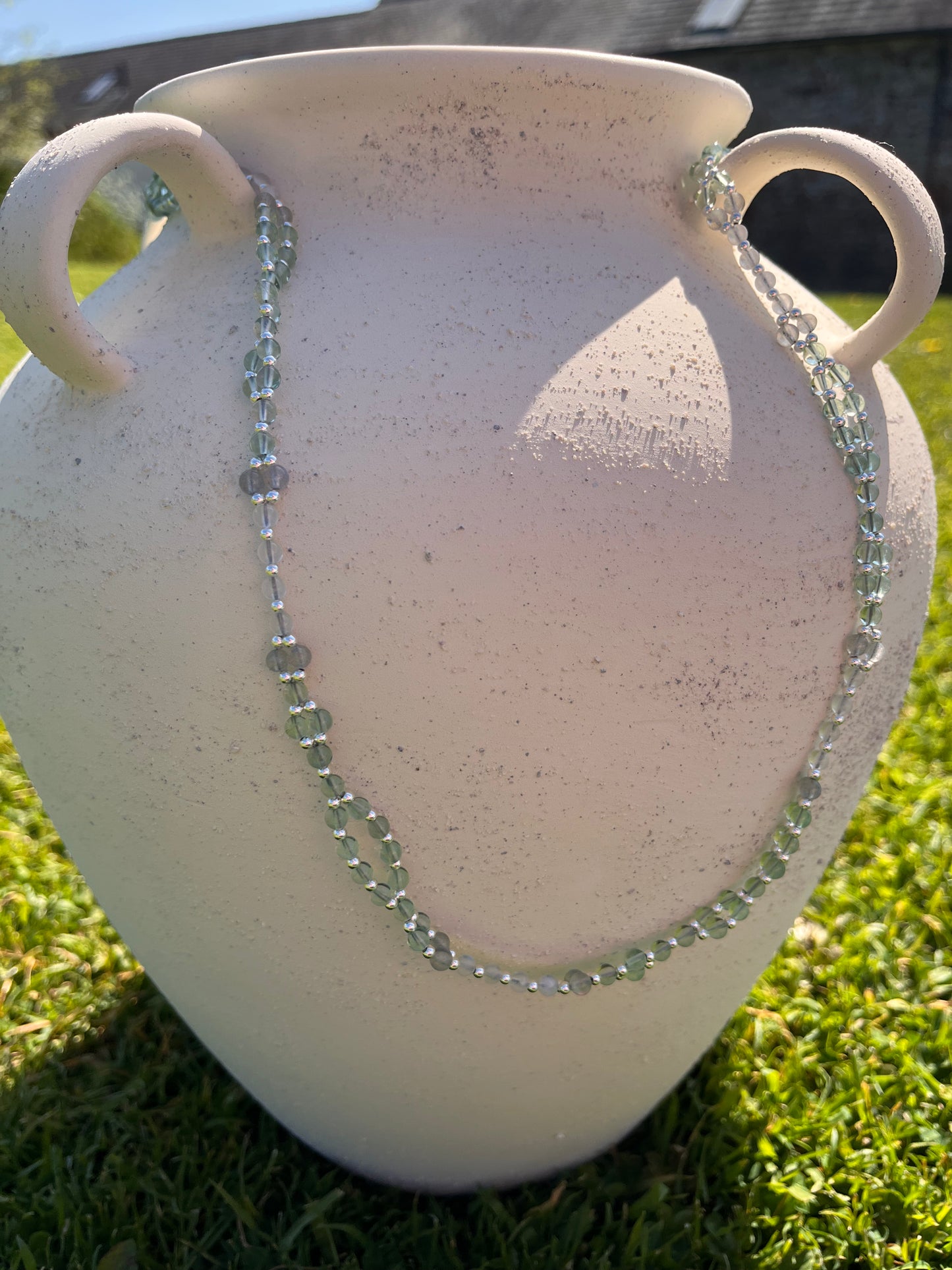 Tantric necklace with green fluorite, rainbow moonstone and labradorite