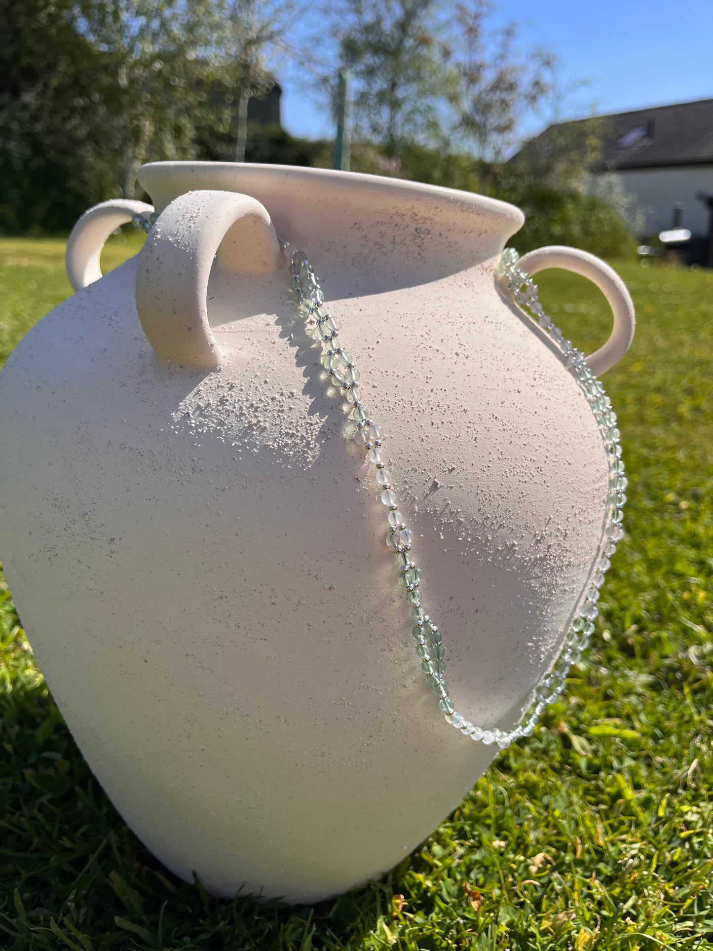 Tantric necklace with green fluorite, rainbow moonstone and labradorite