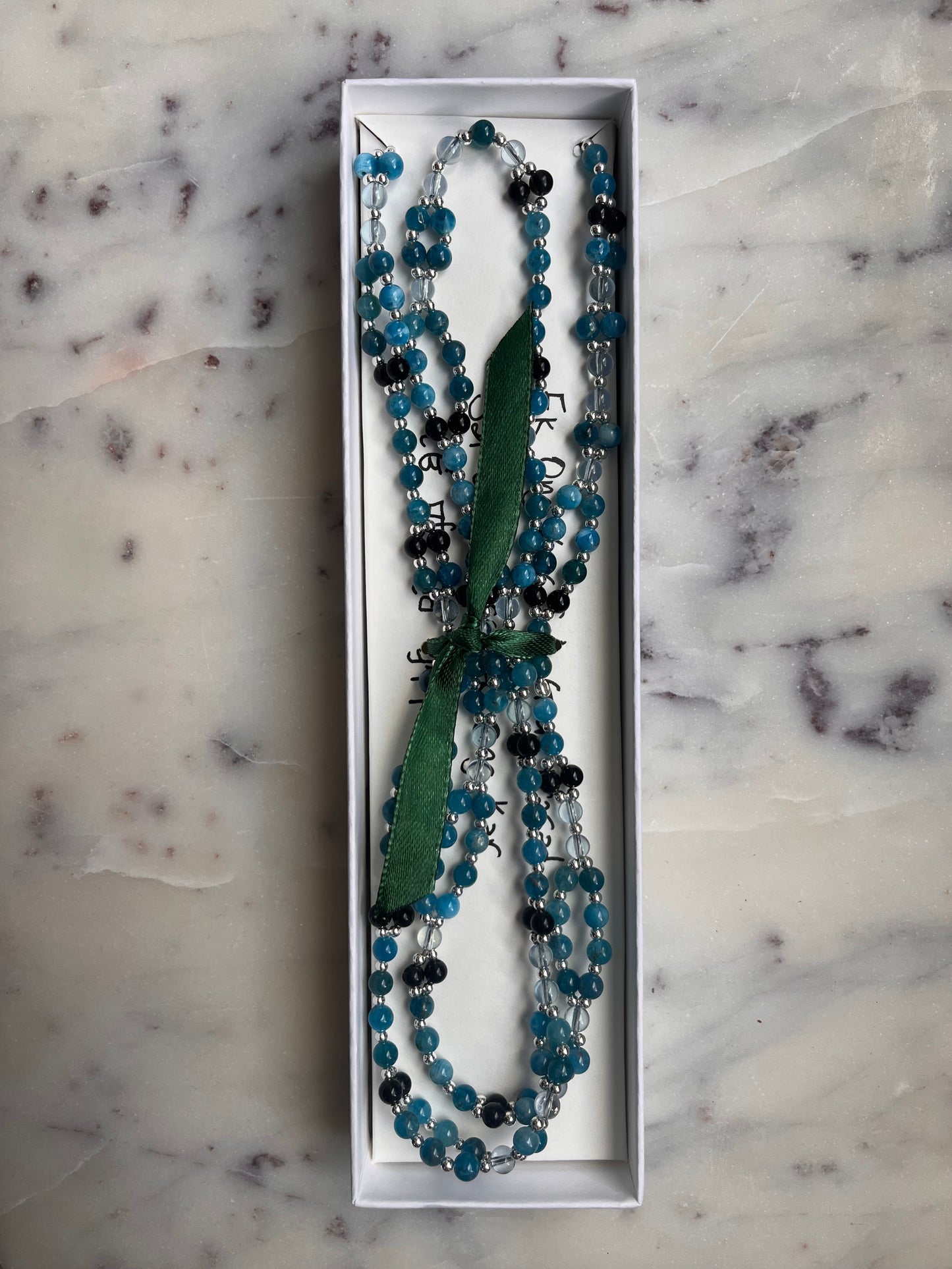 Tantric necklace with blue apatite, aquamarine and obsidian