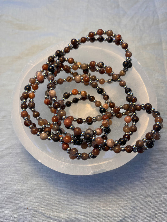 Tantric necklace with petrified wood and stainless steel