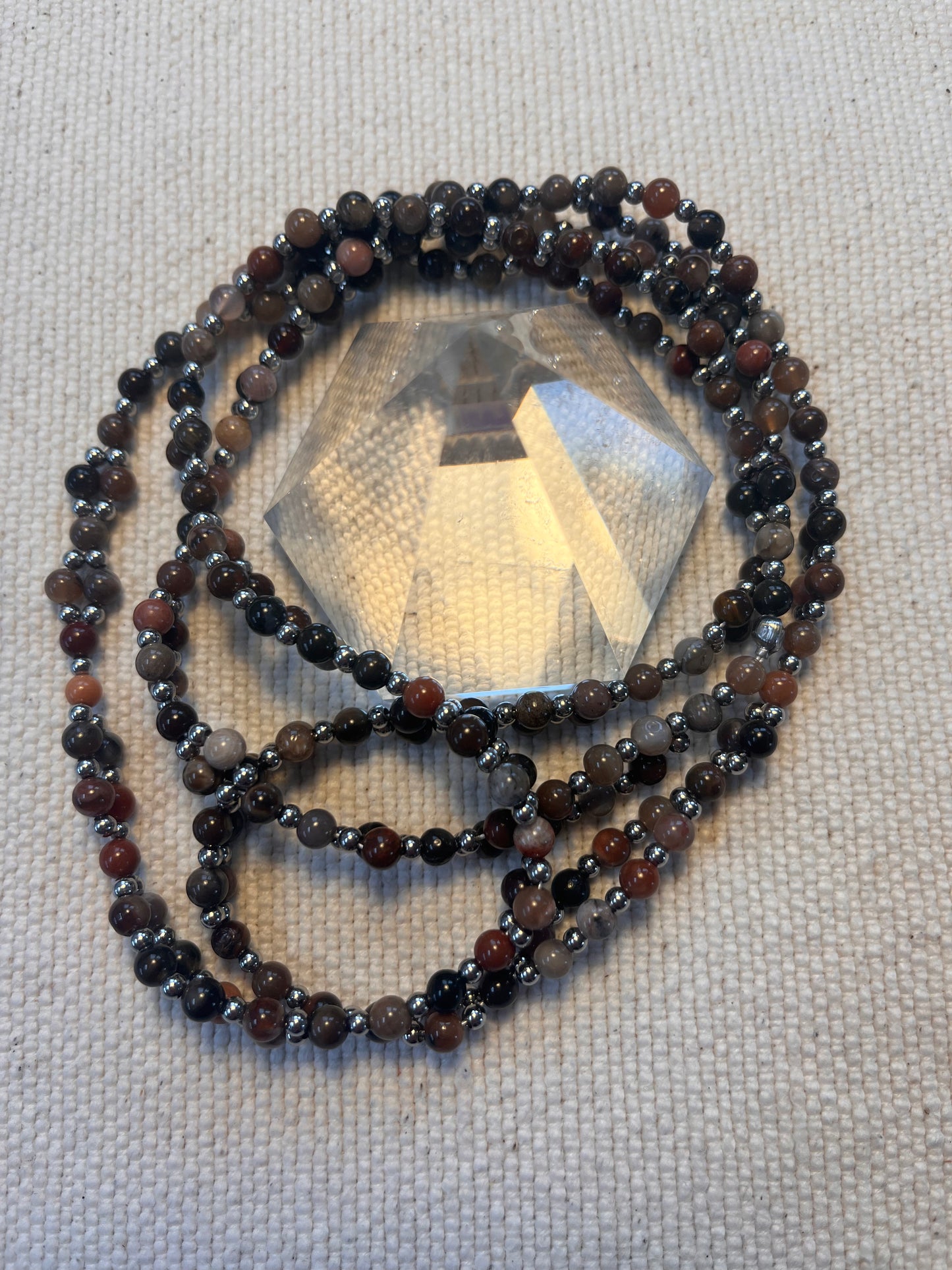 Tantric necklace with petrified wood and stainless steel