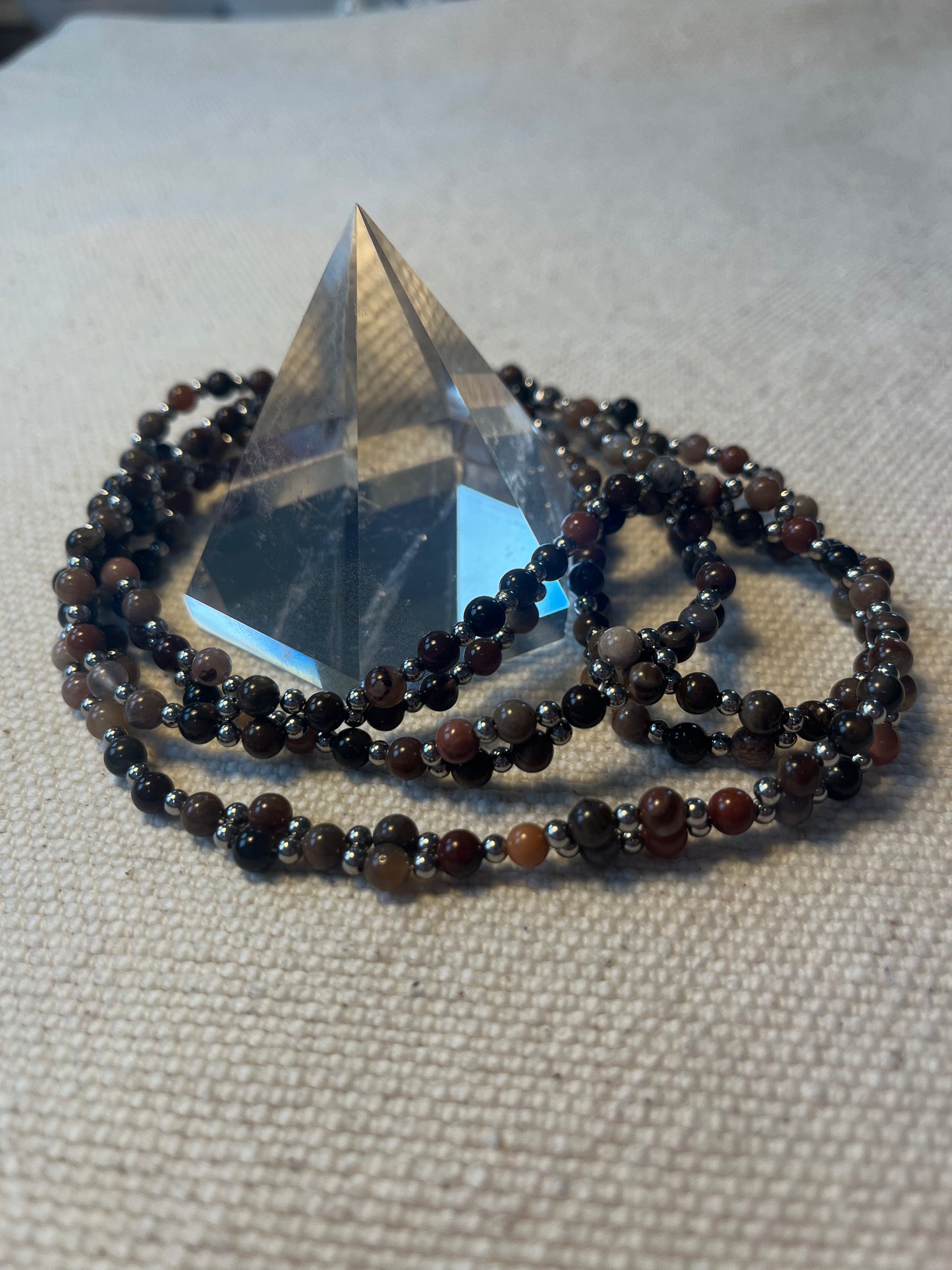 Tantric necklace with petrified wood and stainless steel