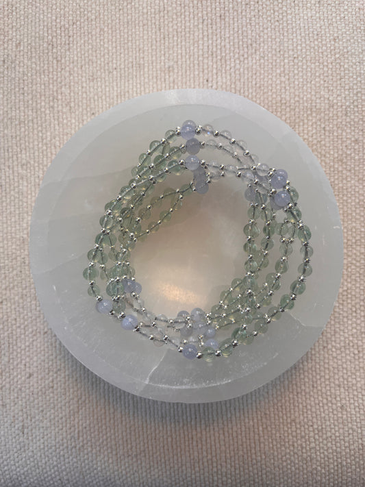 Tantric necklace with green fluorite, blue lace agate and rainbow moonstone