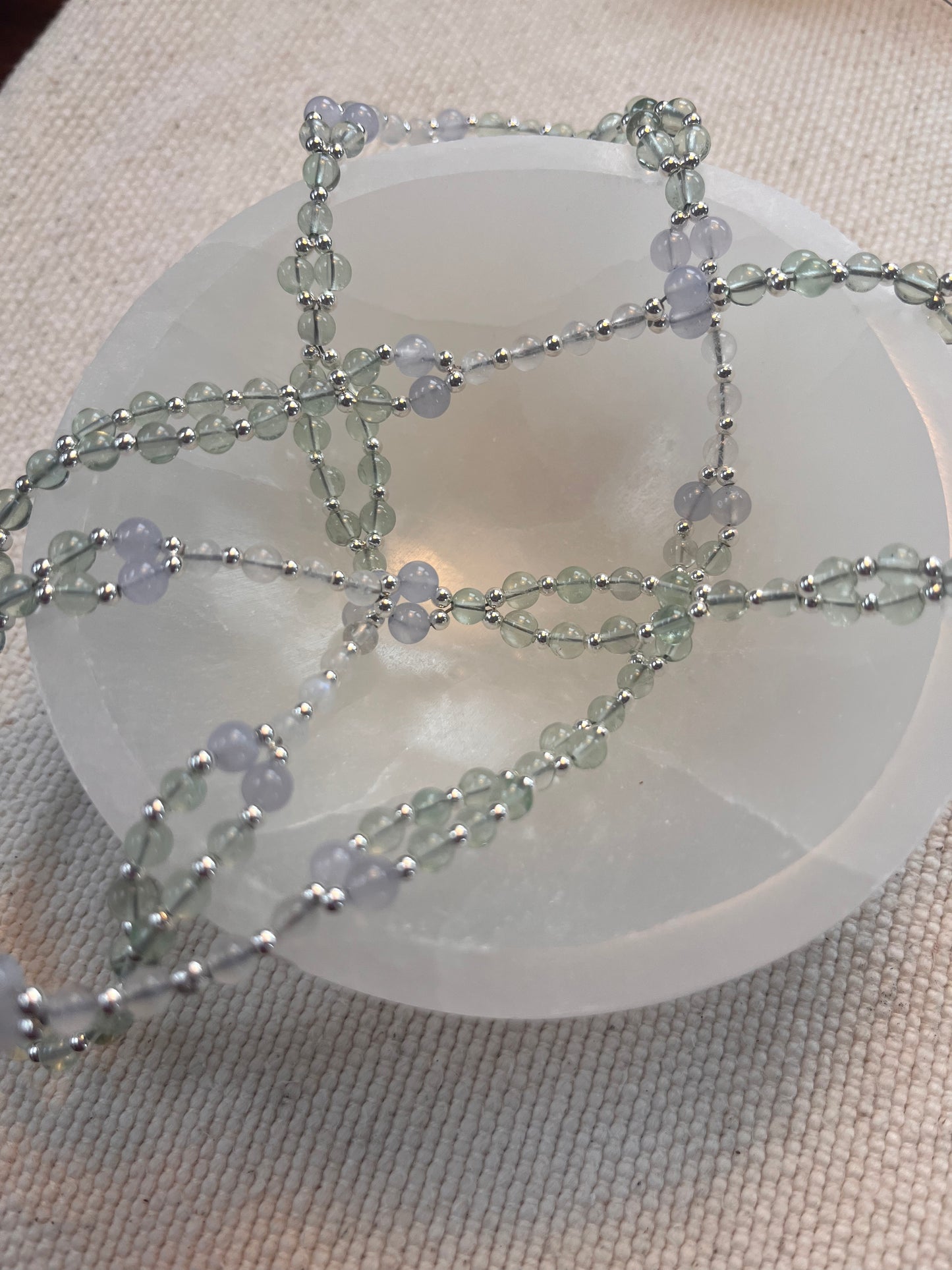 Tantric necklace with green fluorite, blue lace agate and rainbow moonstone