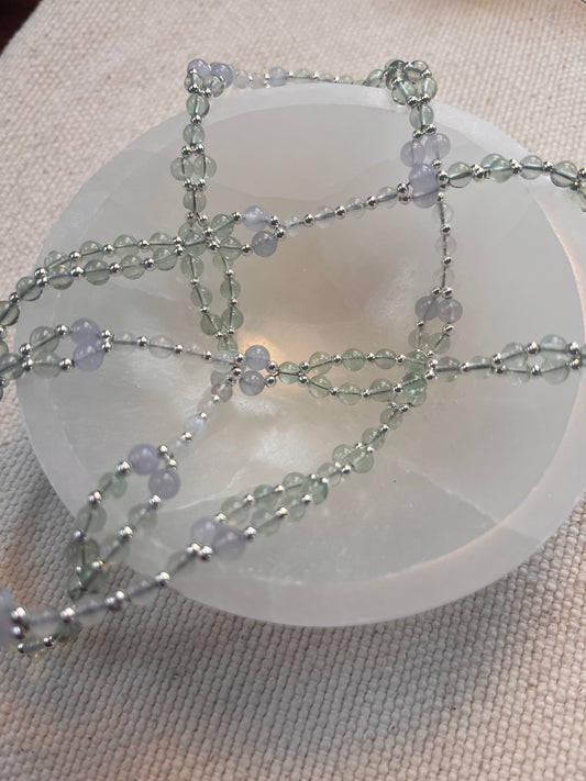 Tantric necklace with green fluorite, blue lace agate and rainbow moonstone