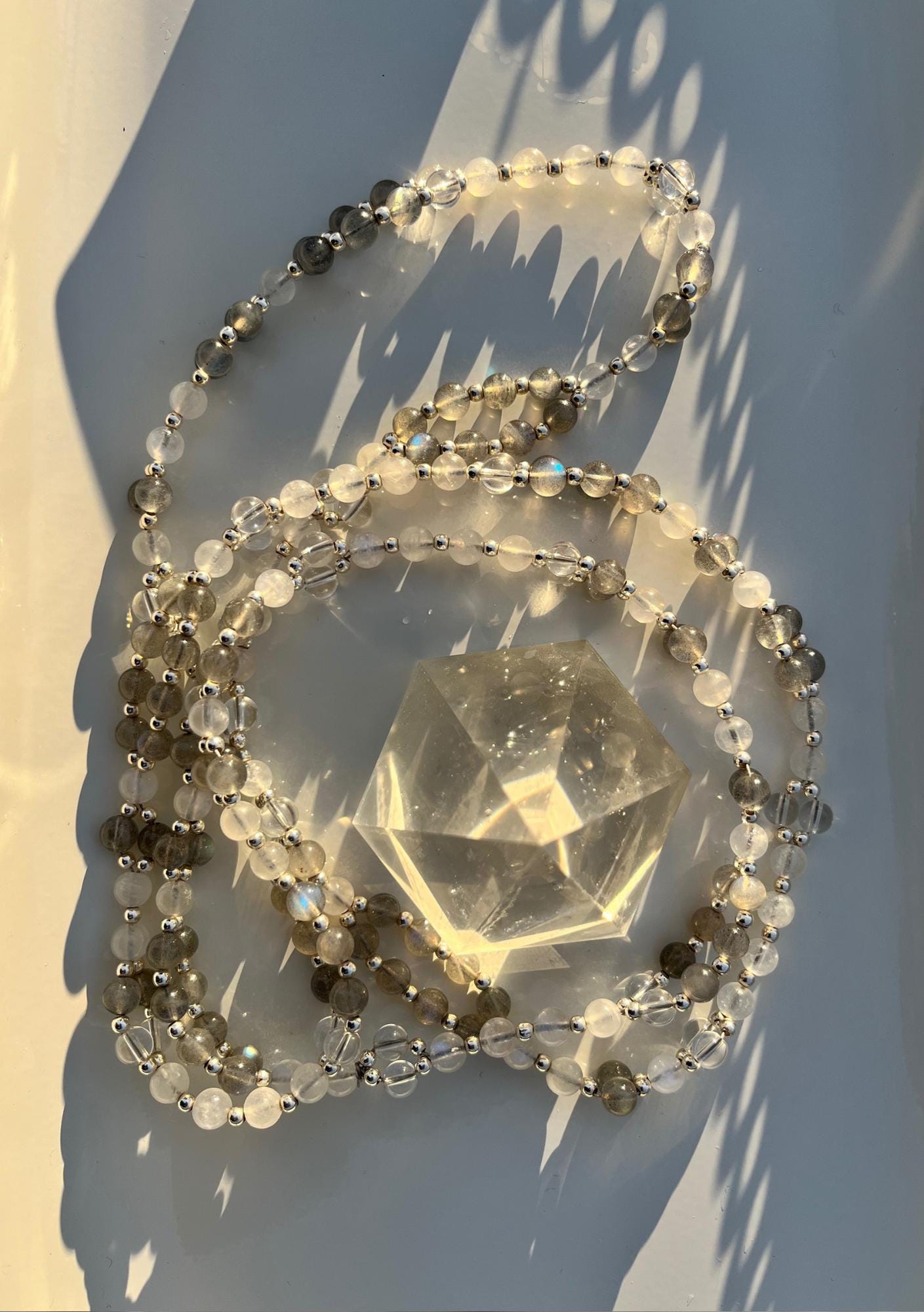 Tantric necklace with labradorite, rainbow moonstone and clear quartz