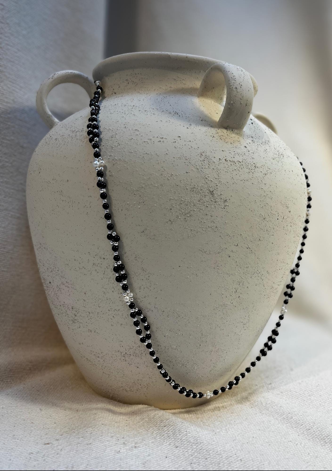Tantric necklace with black tourmaline, obsidian and pearl
