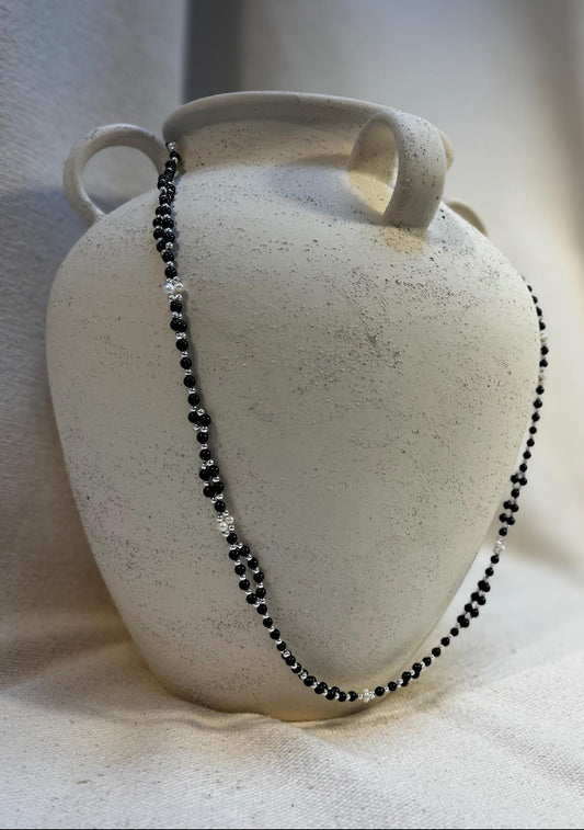 Tantric necklace with black tourmaline, obsidian and pearl