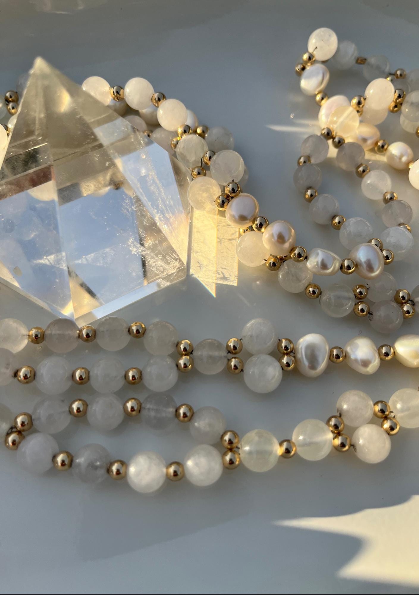 Tantric necklace with rainbow moonstone, celestite and freshwater pearl
