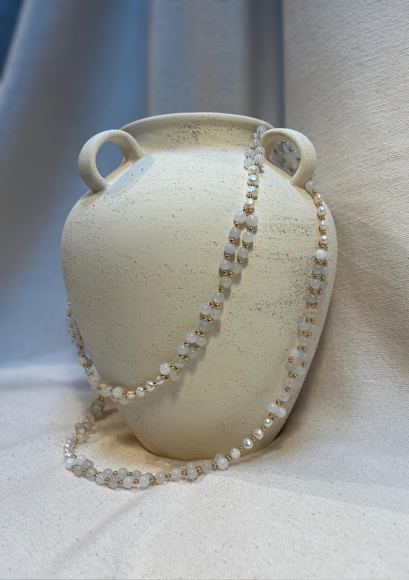 Tantric necklace with moonstone, white jade, calcite and pearl