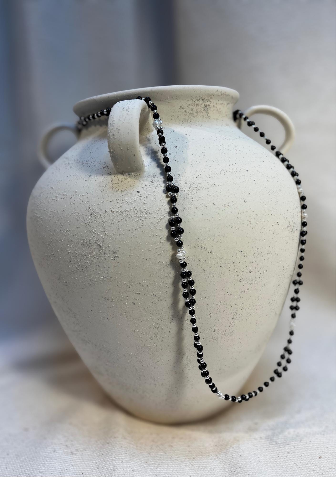 Tantric necklace with black tourmaline, obsidian and pearl