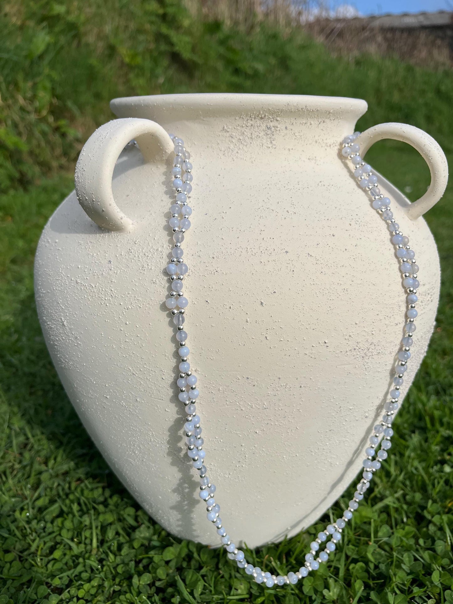 Handmade blue lace agate tantric necklace inspired by kundalini traditions