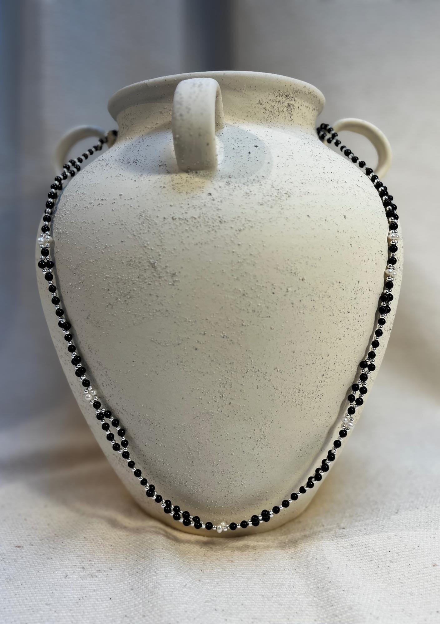 Tantric necklace with black tourmaline, obsidian and pearl