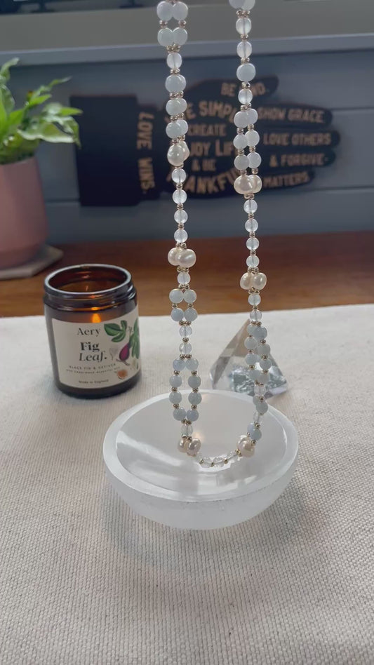 Talisman Necklace with Rainbow Moonstone, Celestite and Freshwater Pearl